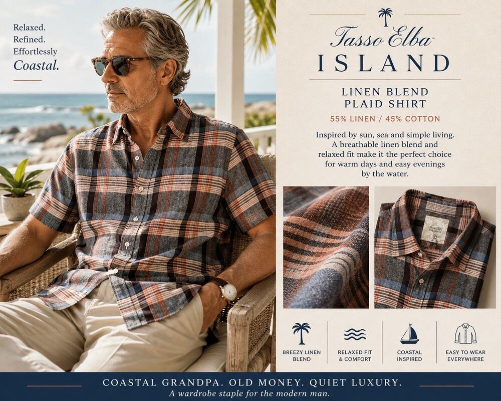 Tasso Elba Island Mens Sz L Linen Cotton Plaid Shirt Coastal Resort Short Sleeve